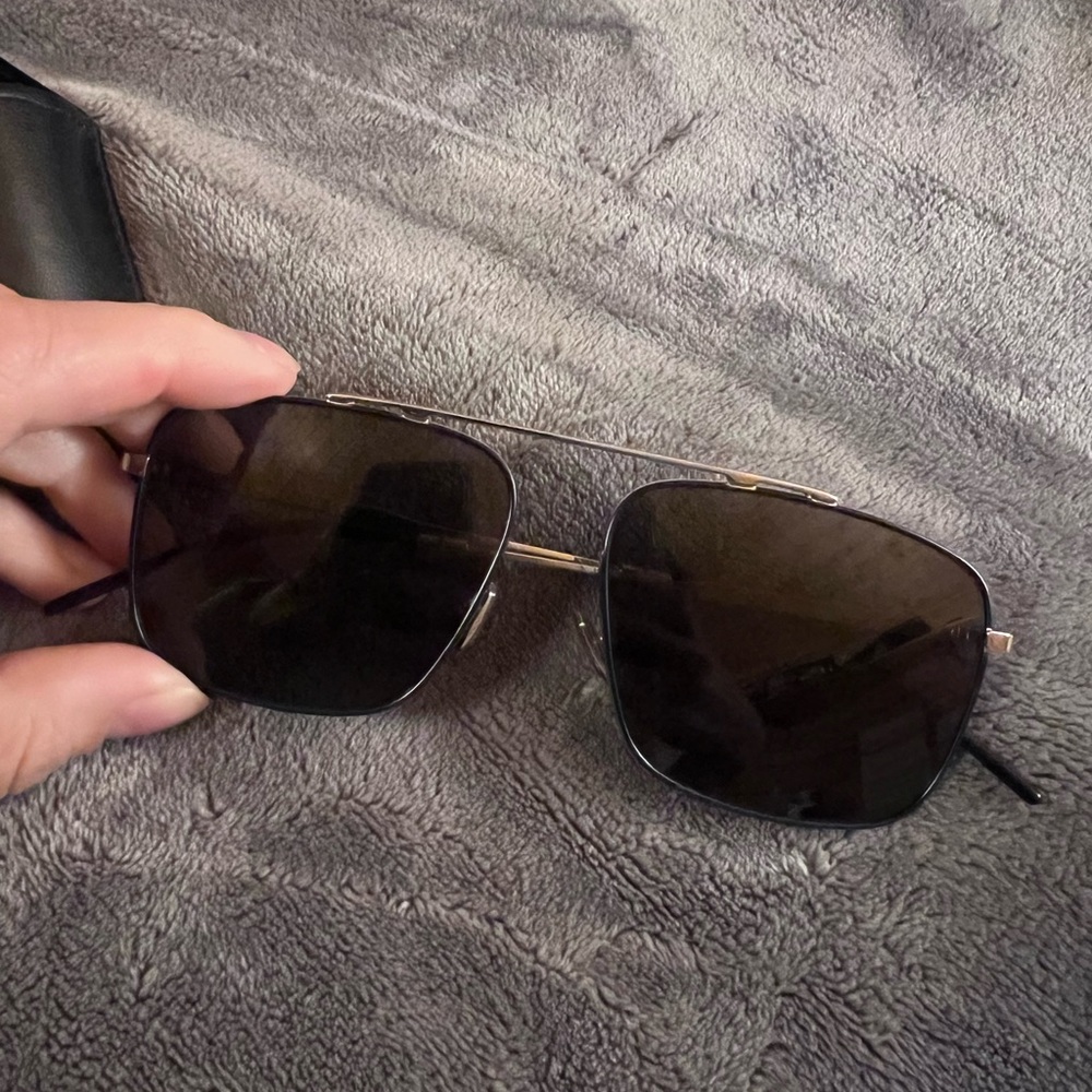 Dior sunglasses with case. Navy blue accents. Mint condition. Original box.
